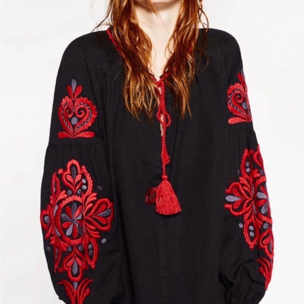 Zara Woman Black Embroidered Bohemian Tunic Top Small Blouse Festival Tassel